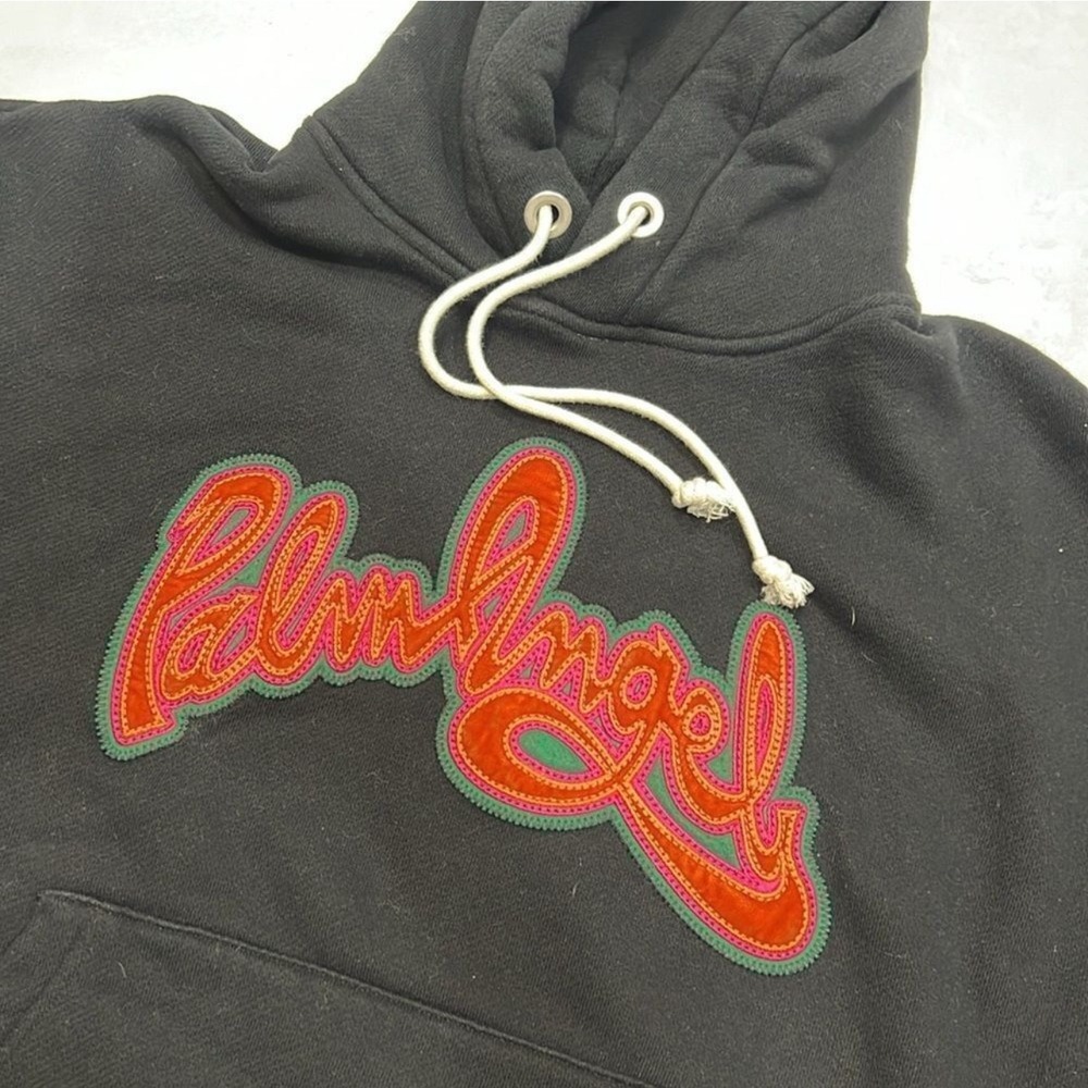 Palm Angels Cursive Logo Chenille Hoodie Black Men's - Medium - Kangaroo Pocket - Picture 3 of 10
